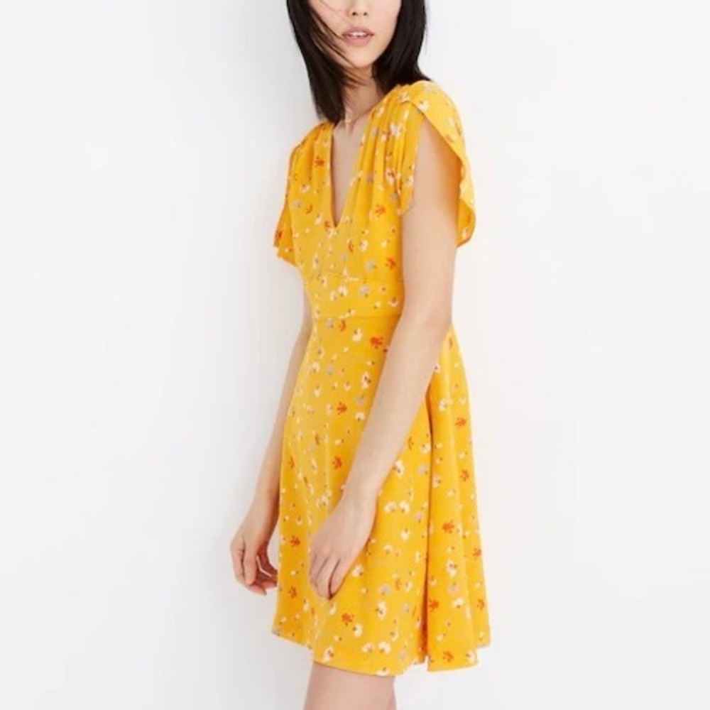 Madewell Yellow Allie Vintage Lace Painted‎ Carnations Silk Belladonna Dress 4